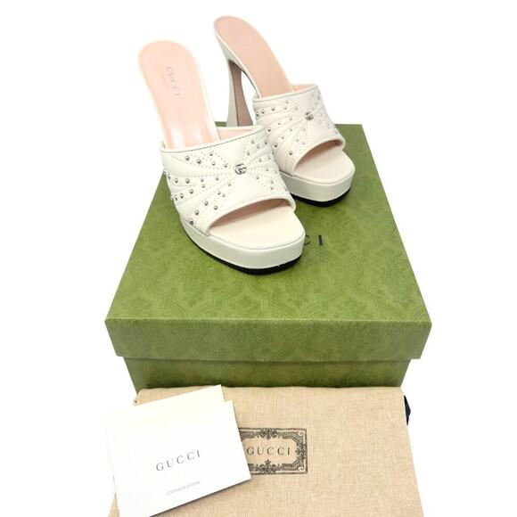 NWT Gucci GG Logo Marmont Platform Heels White Stud Claire Fluted Sandals EU37.5 - Picture 2 of 11